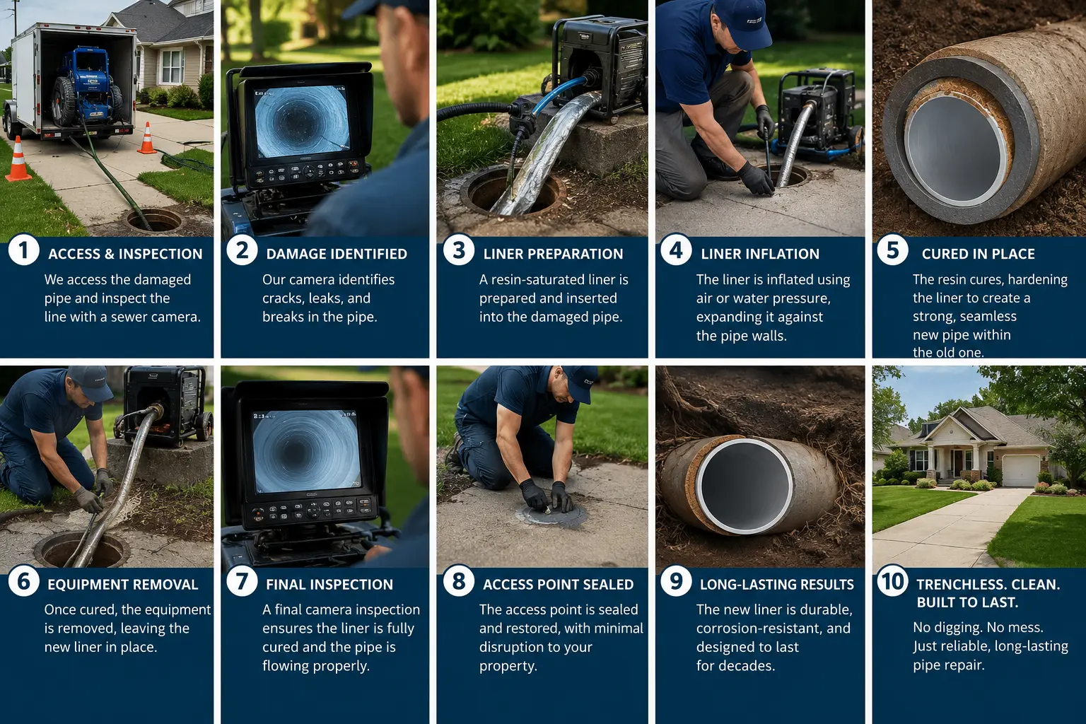Ten-step overview of the CIPP pipe lining process from inspection through final camera verification