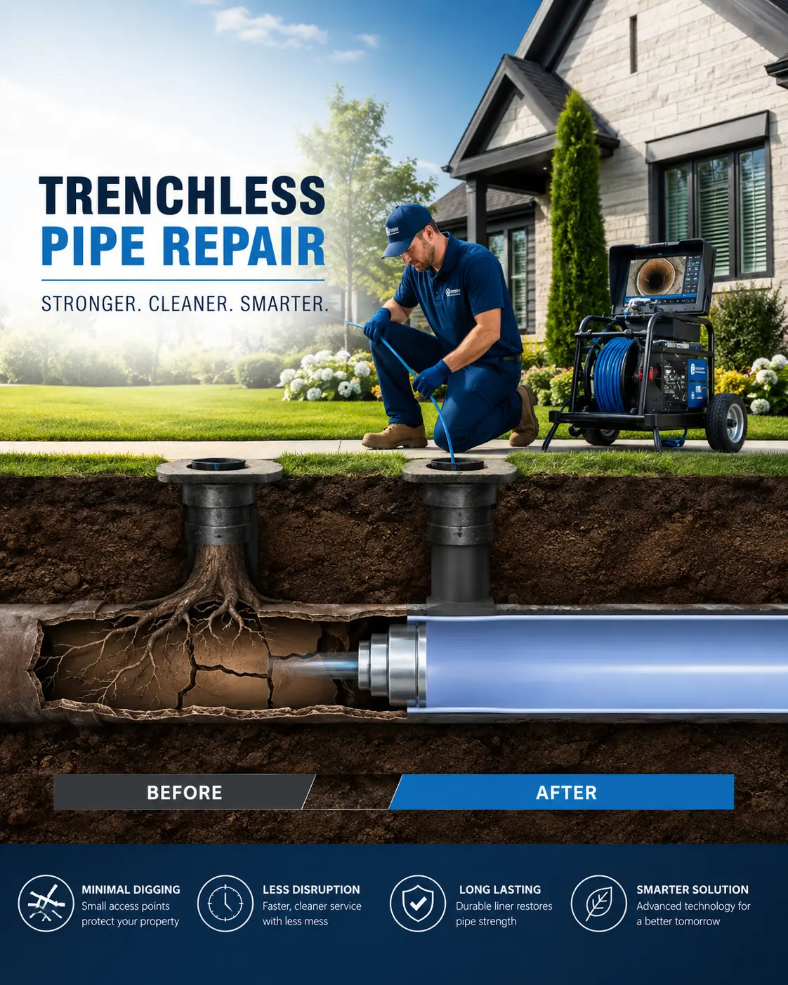 Trenchless pipe repair technician working above a cutaway view of a rehabilitated sewer line