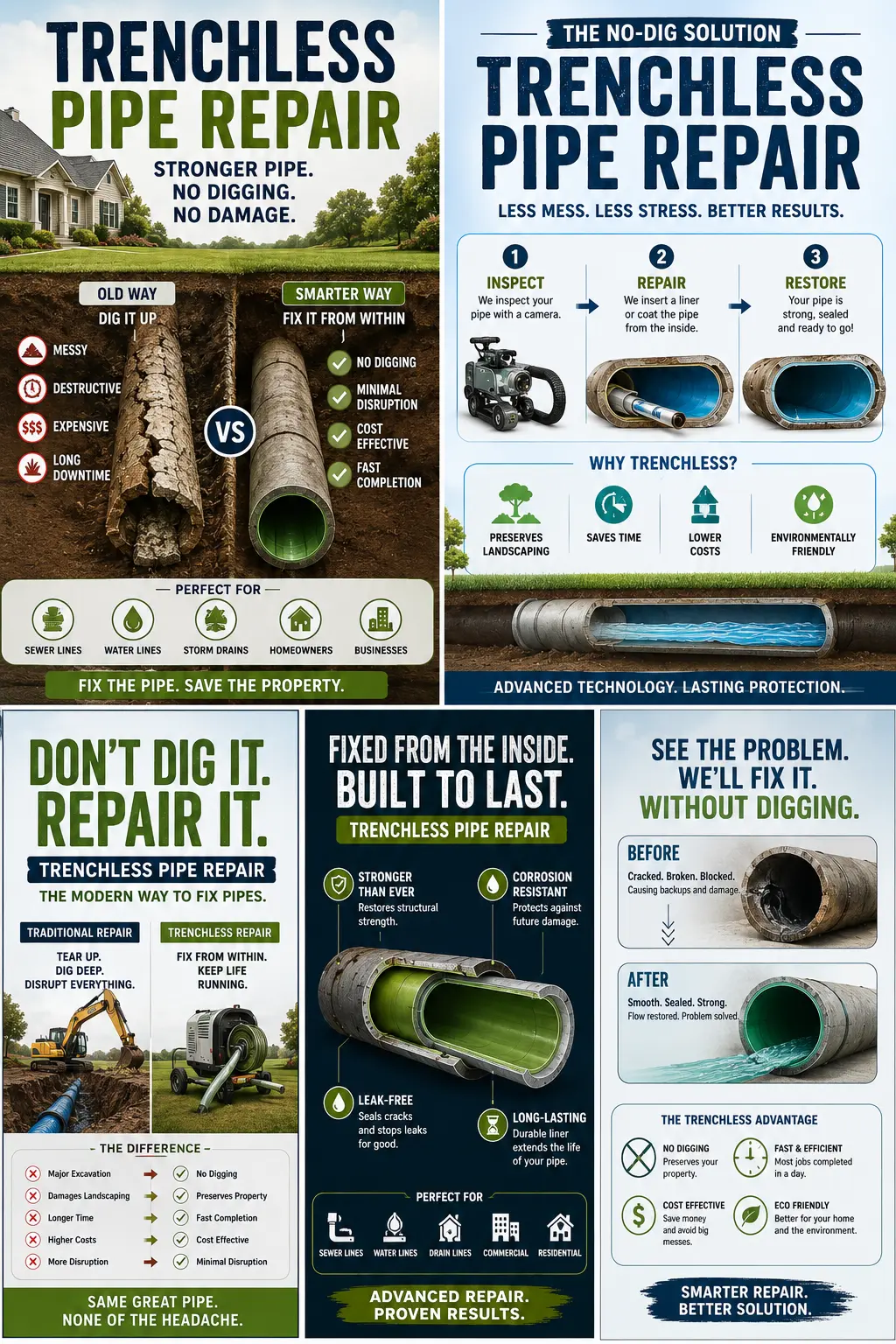 Illustrated comparison of conventional excavation and trenchless pipe repair